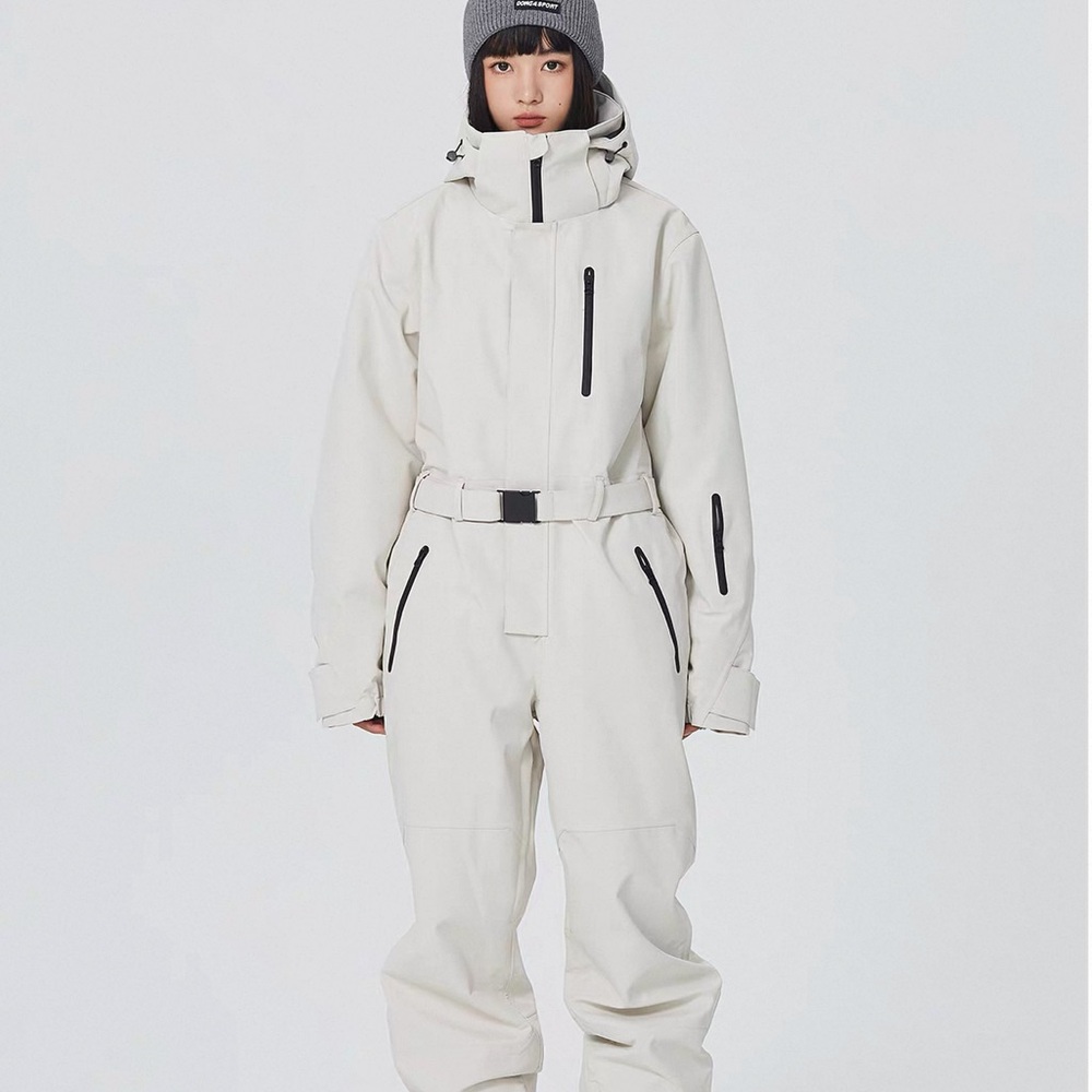 White Ski Jumpsuit | funnel neck flare belted one piece | high-end brand